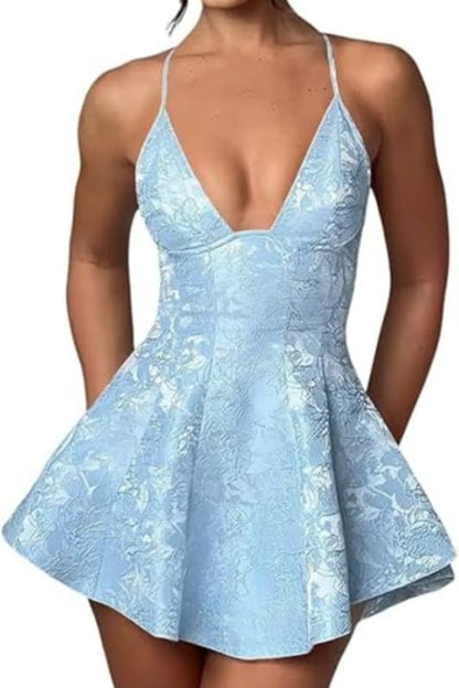 Halter Satin Mini Party Dress Ruffle Jacquard Homecoming Dress with Cross Straps