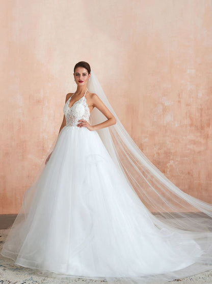 A-Line Halter Sleeveless Lace Tulle Bridal Gown With Train | Bridelily