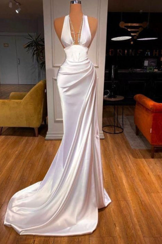 Halter V-Neck Mermaid Prom Dress Ruffle Satin Long Party Dress