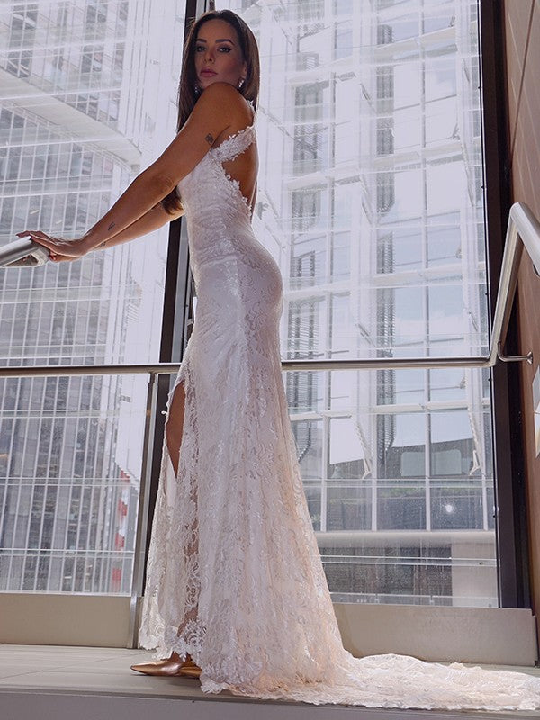 Aimishang  Trumpet/Mermaid Lace Sleeveless Halter Sweep/Brush Train Wedding Dresses