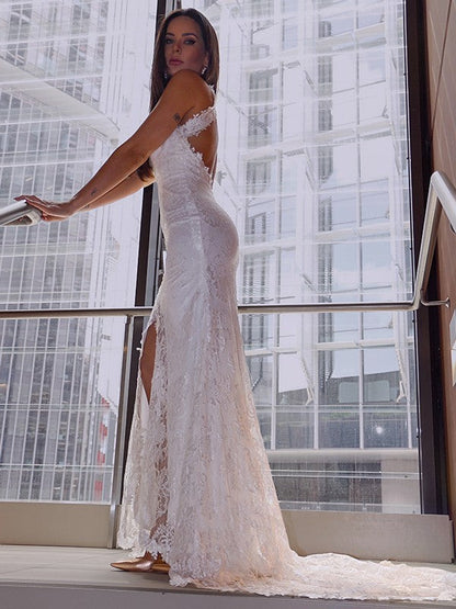 Aimishang  Trumpet/Mermaid Lace Sleeveless Halter Sweep/Brush Train Wedding Dresses