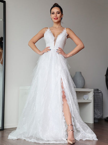 Aimishang  A-Line/Princess Lace Ruffles V-neck Sleeveless Sweep/Brush Train Wedding Dresses