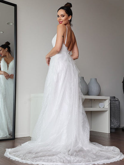 Aimishang  A-Line/Princess Lace Ruffles V-neck Sleeveless Sweep/Brush Train Wedding Dresses