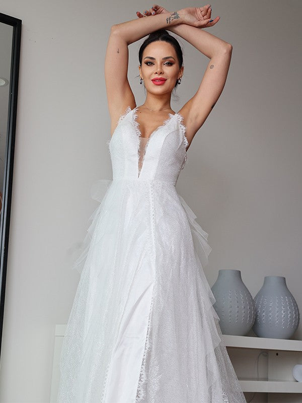 Aimishang  A-Line/Princess Lace Ruffles V-neck Sleeveless Sweep/Brush Train Wedding Dresses