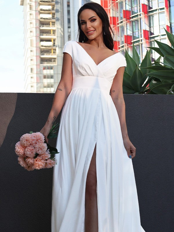 Aimishang  A-Line/Princess Stretch Crepe Ruffles V-neck Short Sleeves Sweep/Brush Train Wedding Dresses