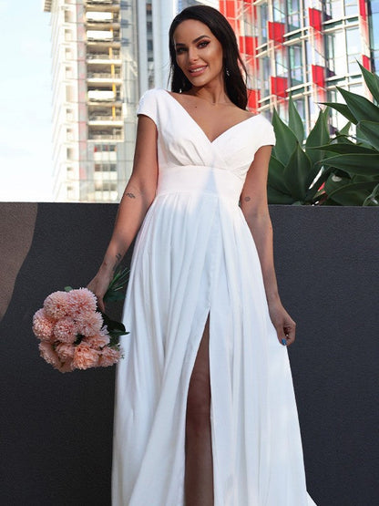 Aimishang  A-Line/Princess Stretch Crepe Ruffles V-neck Short Sleeves Sweep/Brush Train Wedding Dresses