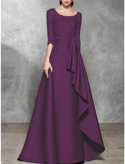 A-Line Evening Gown Black Dress Plus Size Elegant Dress Formal Wedding Floor Length Half Sleeve Scoop Neck Satin with Pleats 2025