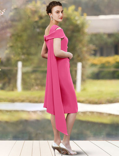 Sheath / Column Mother of the Bride Dress Wedding Guest Elegant Jewel Neck Knee Length  Chiffon 3/4 Length Sleeve with Side-Draped