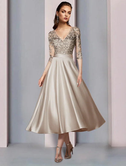 Aimishang  A-Line Mother of the Bride Dress Wedding Guest Elegant V Neck Tea Length Satin Lace Half Sleeve with Pleats Appliques