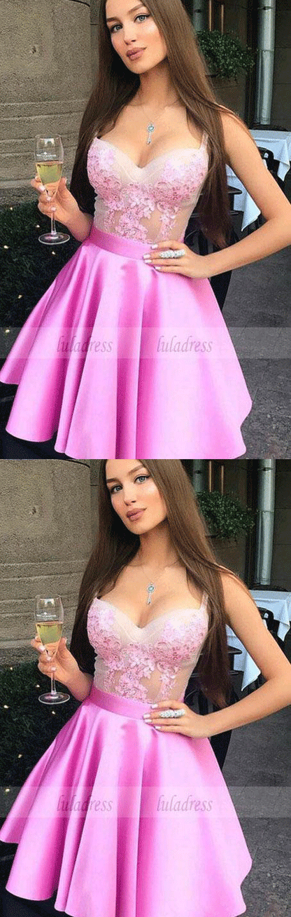 A-Line Spaghetti Straps Above-Knee Pink Prom Homecoming Dress with Appliques
