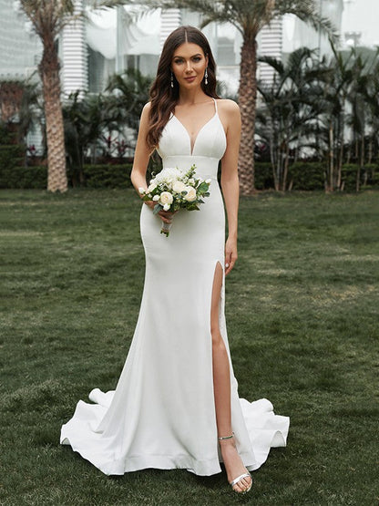 Sheath/Column  Crepe Ruffles Halter Sleeveless Sweep/Brush Train Wedding Dresses
