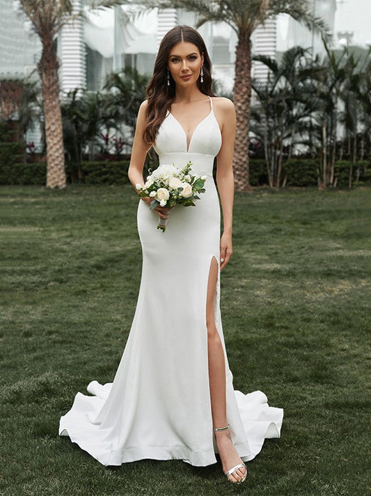 Sheath/Column  Crepe Ruffles Halter Sleeveless Sweep/Brush Train Wedding Dresses