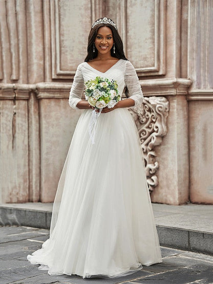 Aimishang A-Line/Princess Ruched Sweetheart Tulle 3/4 Sleeves Sweep/Brush Train Wedding Dresses