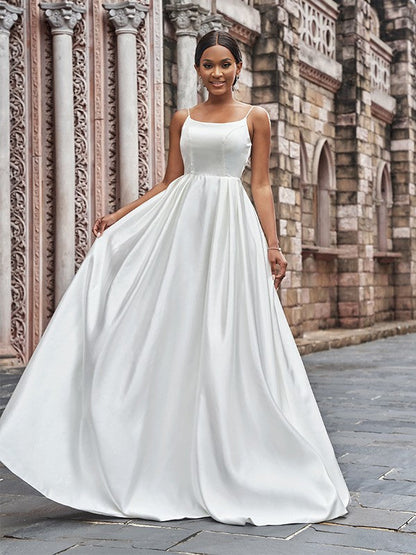 Aimishang  A-Line/Princess Satin Spaghetti Straps Ruffles Sleeveless Sweep/Brush Train Wedding Dresses