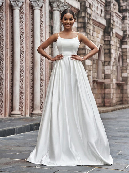 Aimishang  A-Line/Princess Satin Spaghetti Straps Ruffles Sleeveless Sweep/Brush Train Wedding Dresses
