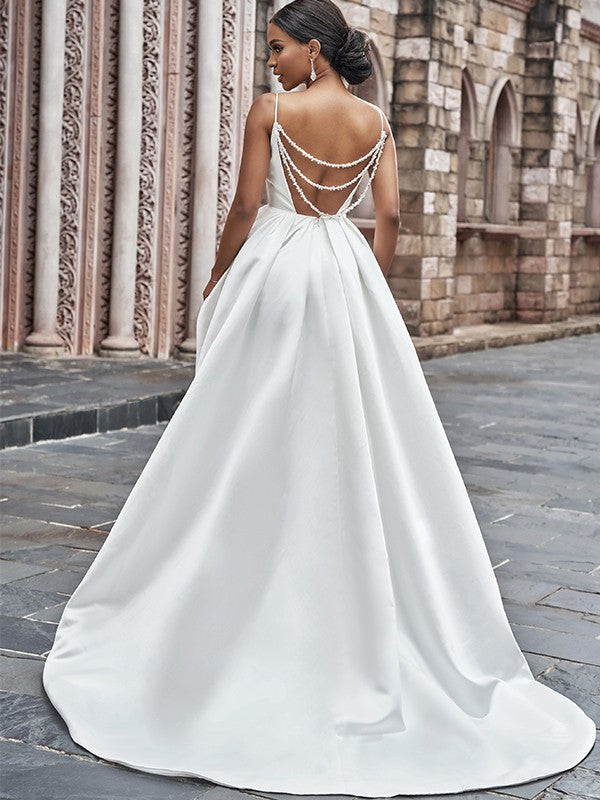 Aimishang  A-Line/Princess Satin Spaghetti Straps Ruffles Sleeveless Sweep/Brush Train Wedding Dresses