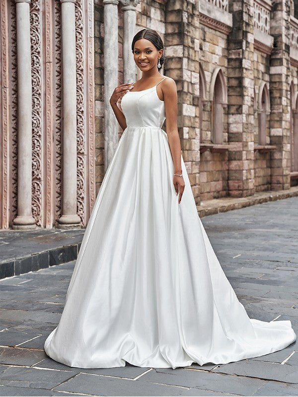 Aimishang  A-Line/Princess Satin Spaghetti Straps Ruffles Sleeveless Sweep/Brush Train Wedding Dresses