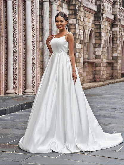 Aimishang  A-Line/Princess Satin Spaghetti Straps Ruffles Sleeveless Sweep/Brush Train Wedding Dresses