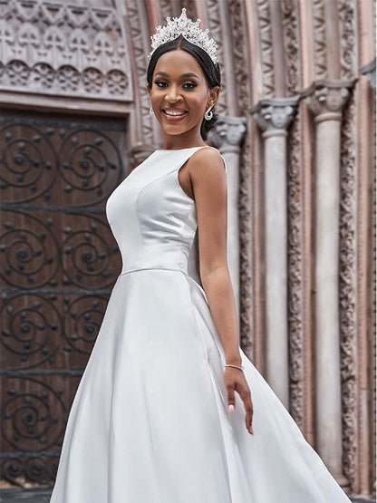 Aimishang  A-Line/Princess Satin Bateau Ruffles Sleeveless Sweep/Brush Train Wedding Dresses