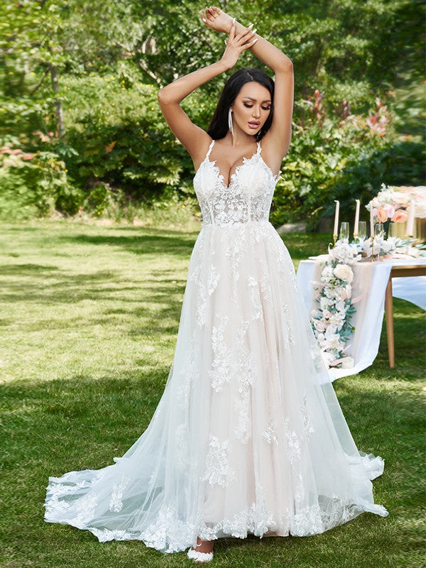 Aimishang  A-Line/Princess Lace Applique V-neck Sleeveless Sweep/Brush Train Wedding Dresses