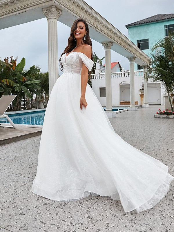 Aimishang  A-Line/Princess Lace Applique Off-the-Shoulder Sleeveless Sweep/Brush Train Wedding Dresses