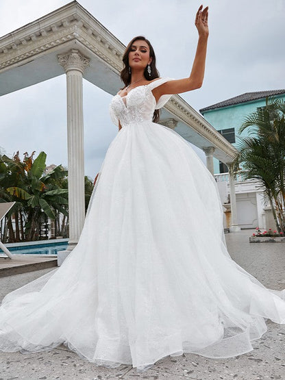 Aimishang  A-Line/Princess Lace Applique Off-the-Shoulder Sleeveless Sweep/Brush Train Wedding Dresses