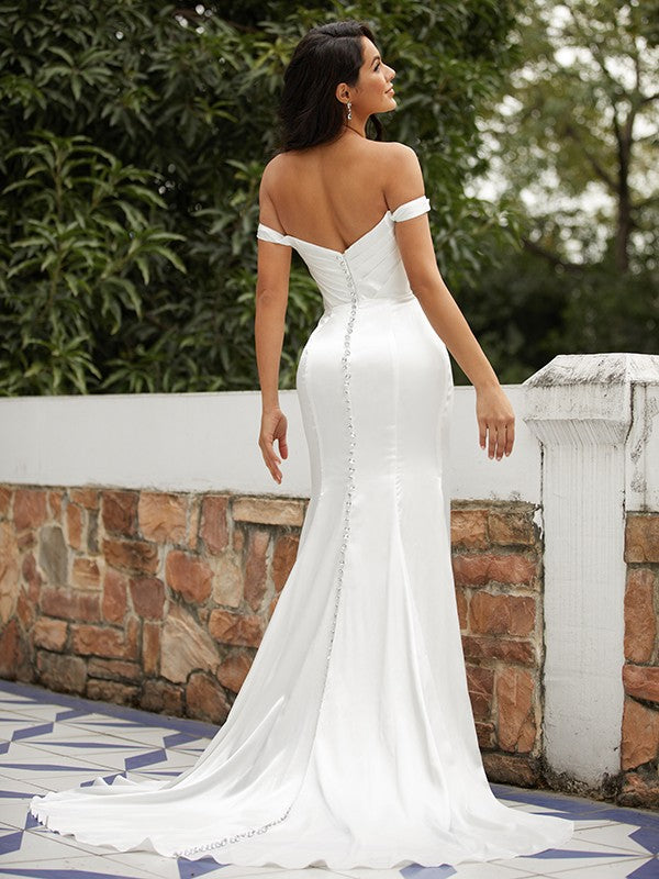 Aimishang  Sheath/Column Woven Satin Ruched Off-the-Shoulder Sleeveless Sweep/Brush Train Wedding Dresses