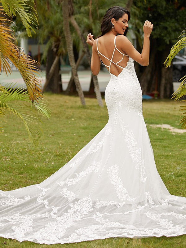 Aimishang  Sheath/Column Stretch Crepe Lace Scoop Sleeveless Cathedral Train Wedding Dresses