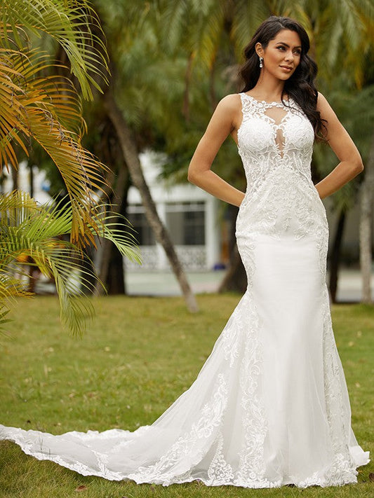 Aimishang  Sheath/Column Stretch Crepe Lace Scoop Sleeveless Cathedral Train Wedding Dresses