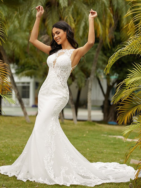 Aimishang  Sheath/Column Stretch Crepe Lace Scoop Sleeveless Cathedral Train Wedding Dresses
