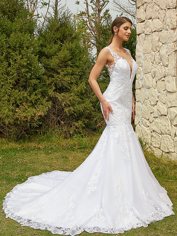 Aimishang  Trumpet/Mermaid Tulle Lace Scoop Sleeveless Court Train Wedding Dresses