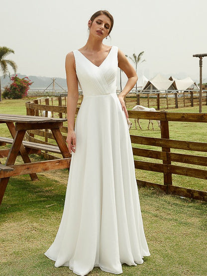Aimishang A-Line/Princess Chiffon Ruched V-neck Sleeveless Floor-Length Wedding Dresses