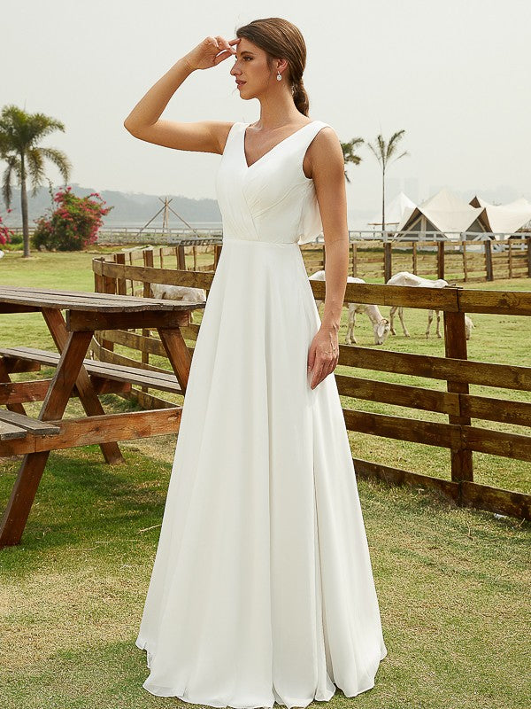 Aimishang A-Line/Princess Chiffon Ruched V-neck Sleeveless Floor-Length Wedding Dresses