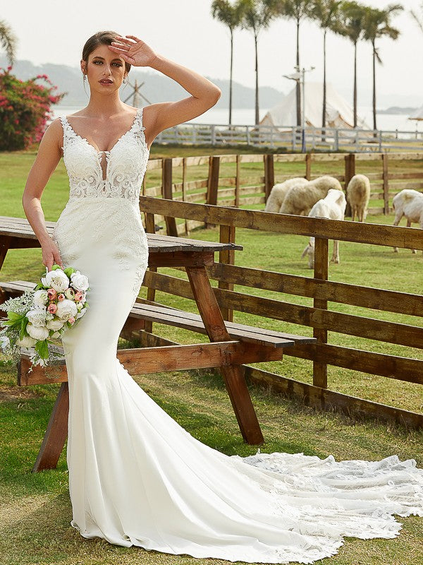 Aimishang  Sheath/Column Stretch Crepe Lace V-neck Sleeveless Cathedral Train Wedding Dresses