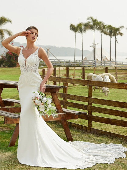 Aimishang  Sheath/Column Stretch Crepe Lace V-neck Sleeveless Cathedral Train Wedding Dresses