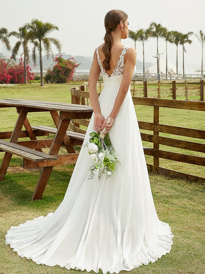 Aimishang  A-Line/Princess Chiffon Lace Scoop Sleeveless Sweep/Brush Train Wedding Dresses