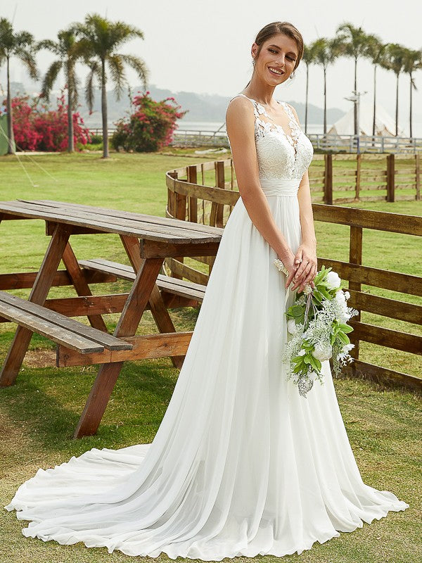 Aimishang  A-Line/Princess Chiffon Lace Scoop Sleeveless Sweep/Brush Train Wedding Dresses