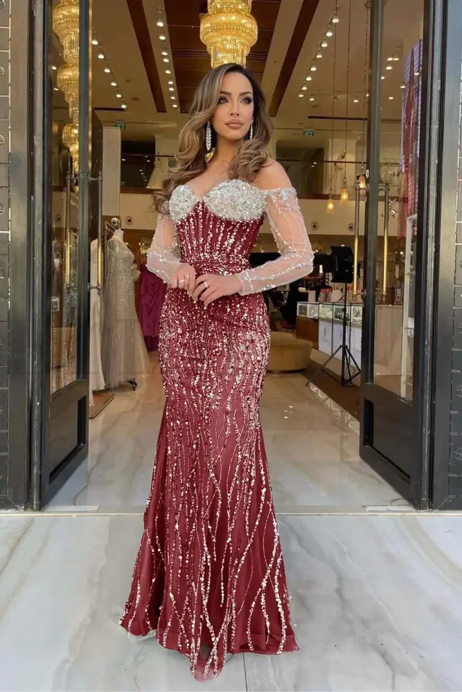 Champagne Sweetheart Mermaid Prom Dress Long Sleeves with Beadings