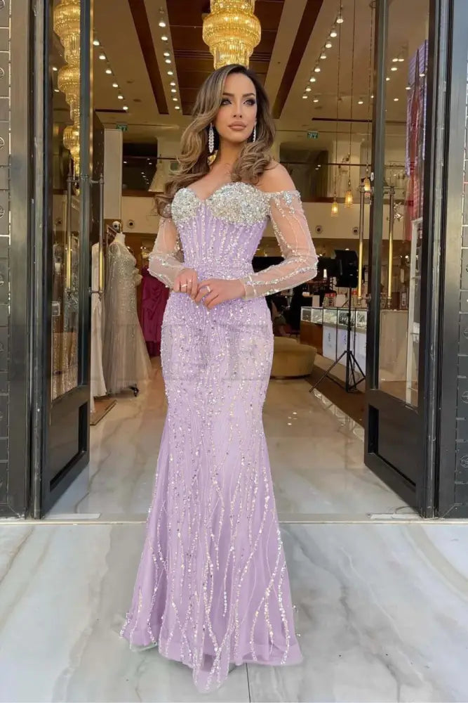 Champagne Sweetheart Mermaid Prom Dress Long Sleeves with Beadings