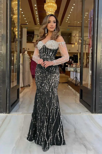 Champagne Sweetheart Mermaid Prom Dress Long Sleeves with Beadings