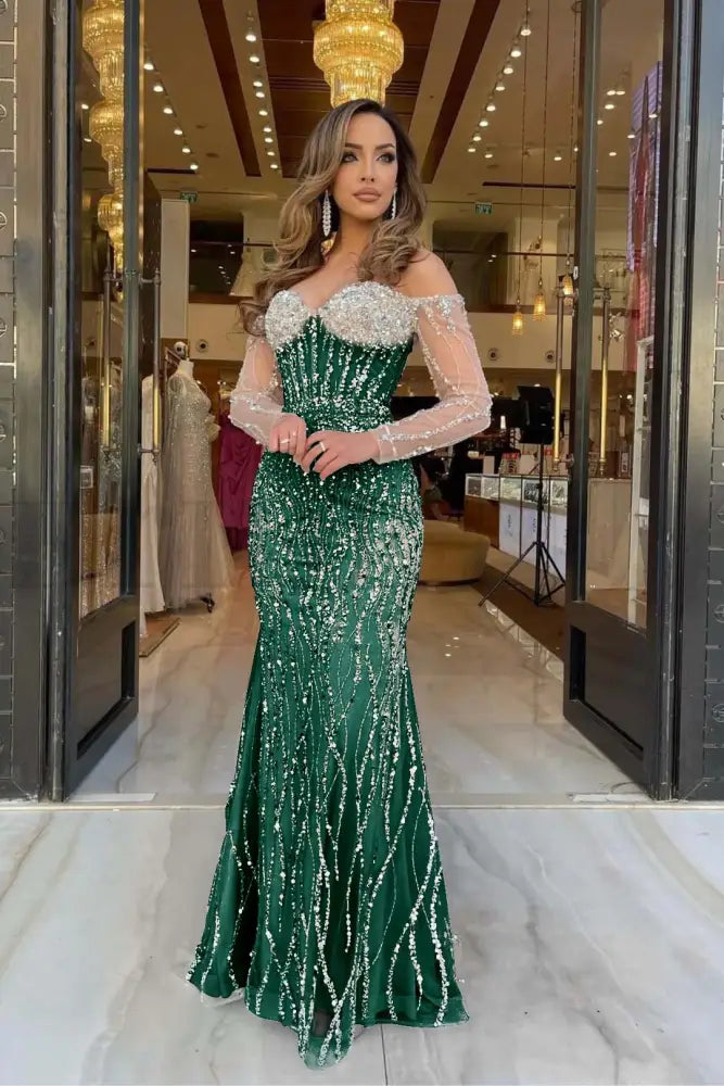 Champagne Sweetheart Mermaid Prom Dress Long Sleeves with Beadings