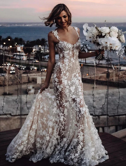 Aimishang Beach Sexy Boho Wedding Dresses Mermaid / Trumpet Sweetheart Regular Straps Court Train Lace Bridal Gowns With Appliques Summer Fall Wedding Party