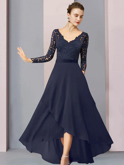 DingjiSheath / Column Mother of the Bride Dress Wedding Guest Vintage Elegant V Neck Asymmetrical Chiffon Lace Long Sleeve with Pleats