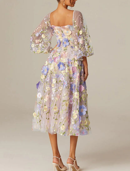 A-Line Prom Dresses Vintage Dress Valentine's Day Prom Tea Length Long Sleeve Square Neck Tulle with Appliques