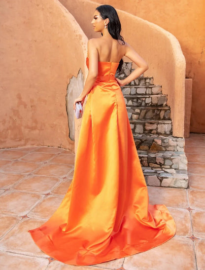 DingjiMermaid Ruched Evening Gown Satin Dress Cocktail Party Prom Court Train Sleeveless Strapless Bridesmaid Dress with Beading Sequin Pure Color