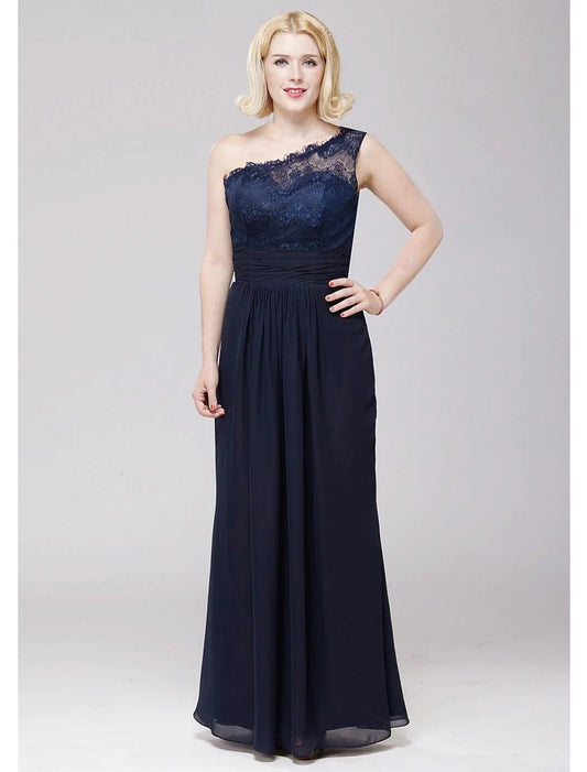 A-Line Bridesmaid Dress One Shoulder Sleeveless Elegant Floor Length Chiffon / Lace with Lace / Sash / Ribbon
