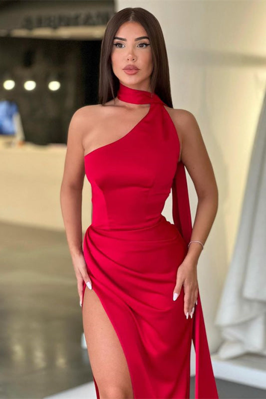 High Collar Red Mermaid Slit Prom Dress With Ruffles