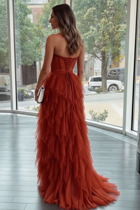 High Low Layered Ruffle Burgundy Tulle Prom Dresses Sweetheart Evening Dresses with Slit