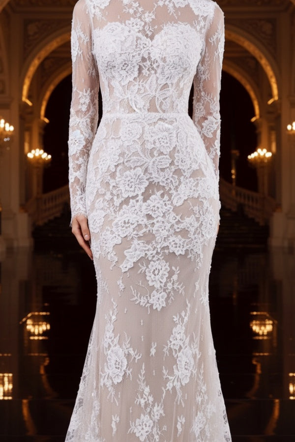 High Neck Lace Mermaid Wedding Gown with Long Sleeves
