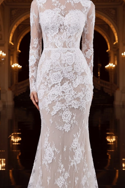 High Neck Lace Mermaid Wedding Gown with Long Sleeves